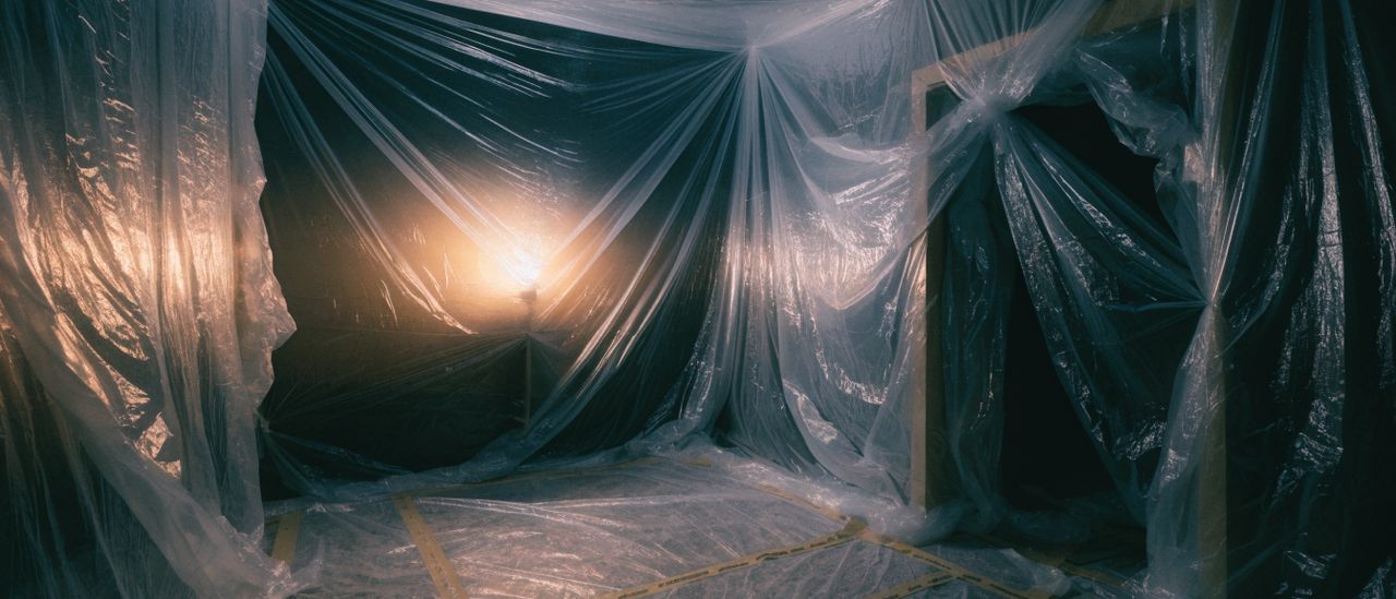 Interior room sealed floor to ceiling with plastic sheeting before ceiling work begins