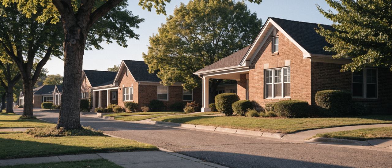 Street of single-story mid-century ranch homes with mature trees in Huntsville, Alabama